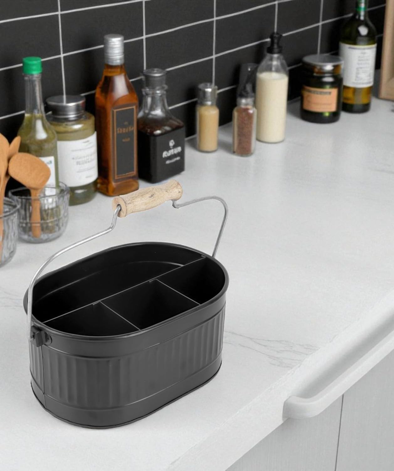 CLEENTABLE Rustic Galvanized Utensil Caddy - Farmhouse Silverware Holder for Kitchen, Dining, Picnic, Parties - Durable Cutlery Organizer with Handle, Countertop Storage (Black)