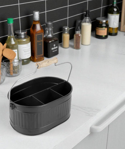 CLEENTABLE Rustic Galvanized Utensil Caddy - Farmhouse Silverware Holder for Kitchen, Dining, Picnic, Parties - Durable Cutlery Organizer with Handle, Countertop Storage (Black)
