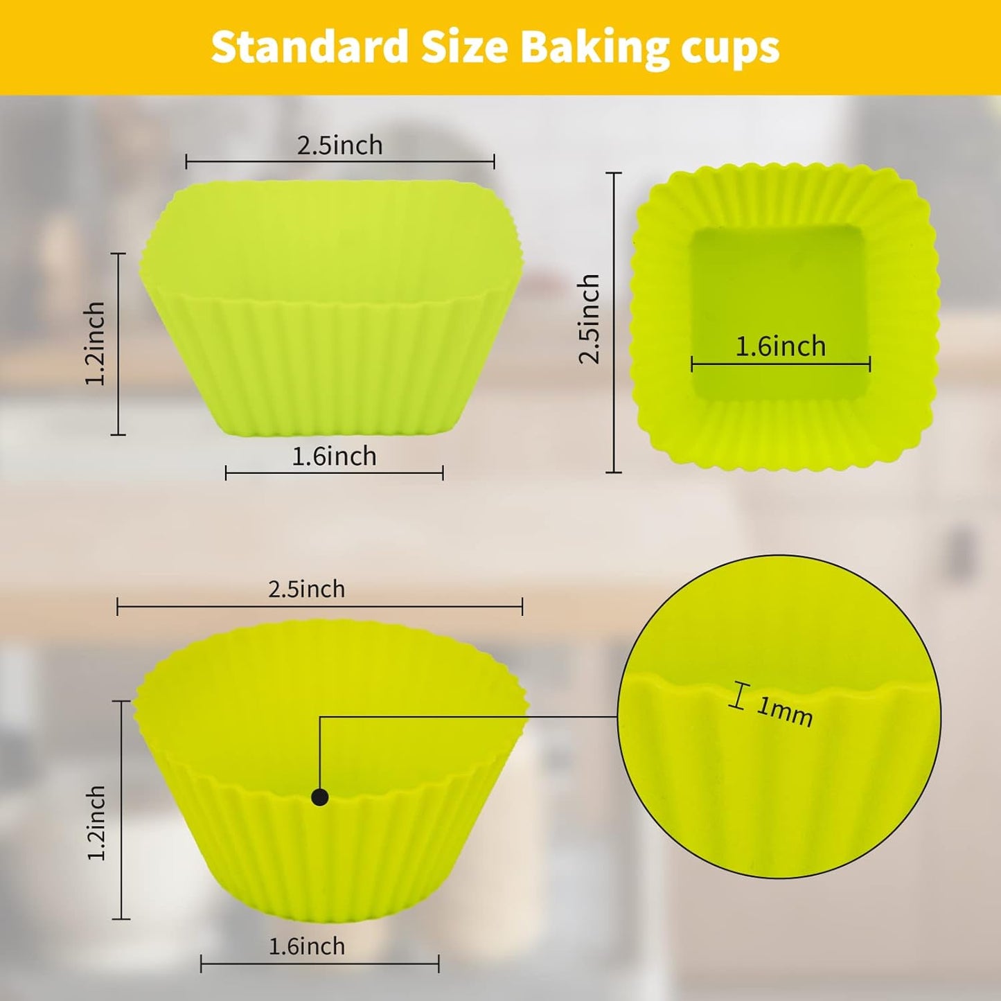 Reusable Silicone Baking Cups of 24 Pack, Square and Round Muffin Baking Liners, Thicken Non-stick Muffin Molds, 4 Colors, BPA-Free