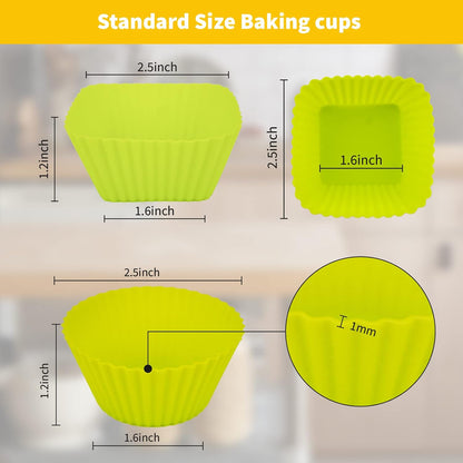 Reusable Silicone Baking Cups of 24 Pack, Square and Round Muffin Baking Liners, Thicken Non-stick Muffin Molds, 4 Colors, BPA-Free