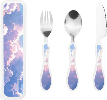 3-Piece Kids Silverware Set With Storage Case, Stainless Steel Reusable Children Safe Knife Spoon Fork Set Chinese Celadon Peacock Children Flatware Set For Kids Lunch Box