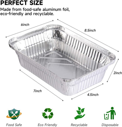 Aluminum Pans with Clear Lids - 50 Pack 2.25LB Capacity Disposable Pans with Plastic Dome Lids, 8.5”x6” Heavy Duty Tin Foil Pans for Cake Baking, Cooking, Heating, Storing, Prepping Food