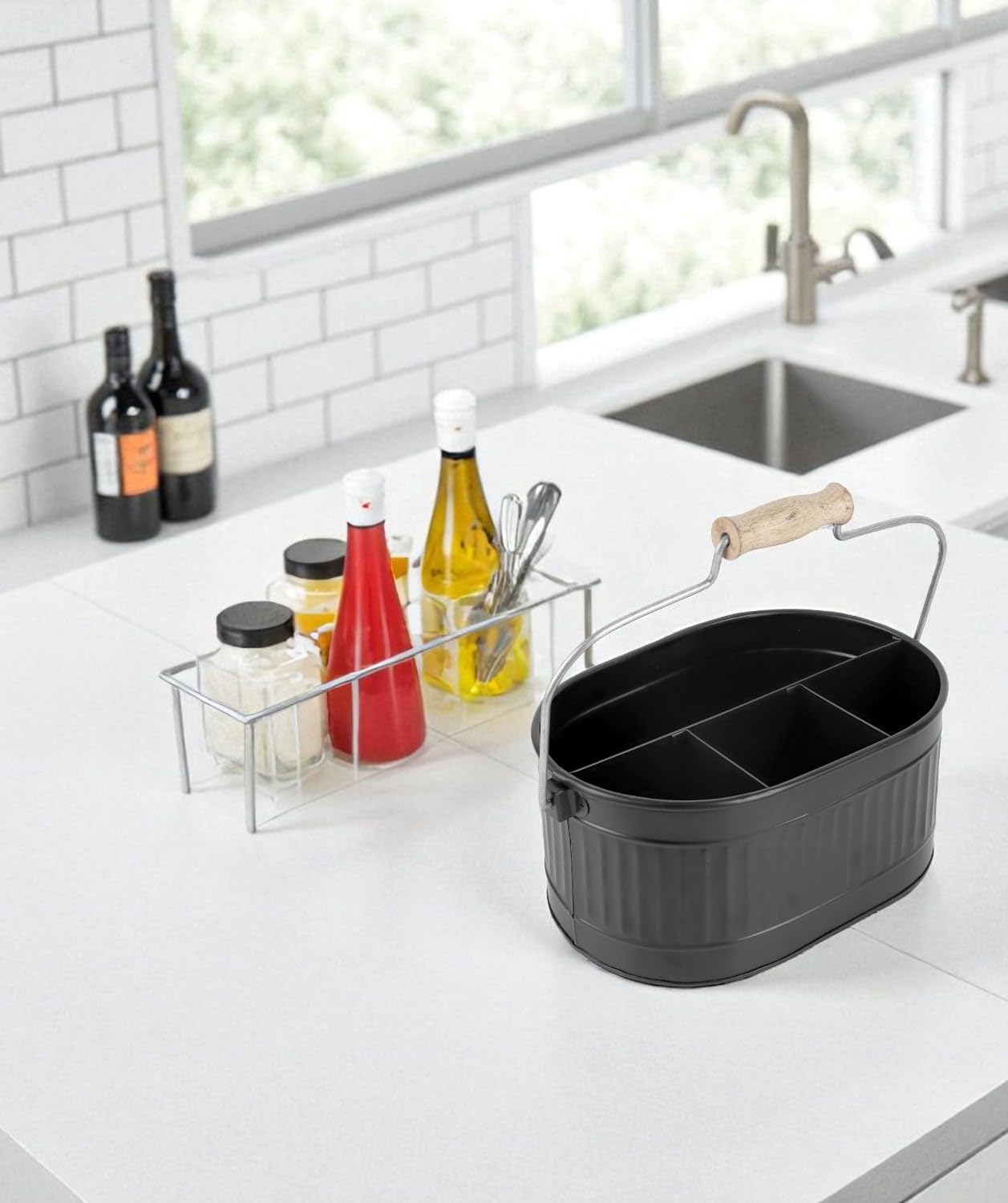 CLEENTABLE Rustic Galvanized Utensil Caddy - Farmhouse Silverware Holder for Kitchen, Dining, Picnic, Parties - Durable Cutlery Organizer with Handle, Countertop Storage (Black)
