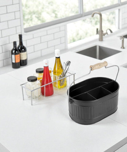 CLEENTABLE Rustic Galvanized Utensil Caddy - Farmhouse Silverware Holder for Kitchen, Dining, Picnic, Parties - Durable Cutlery Organizer with Handle, Countertop Storage (Black)