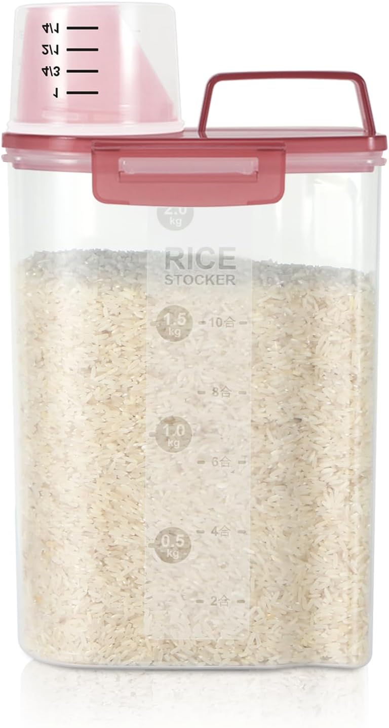 LEAWALK Airtight Rice Storage Container, 3-5Lbs Cereal Dry Food Flour Bin, Pet Dog Cat Food Dispenser with Measuring Cup, BPA Free Plastic Kitchen and Pantry Organization Bin for Sugar-Clear Grey