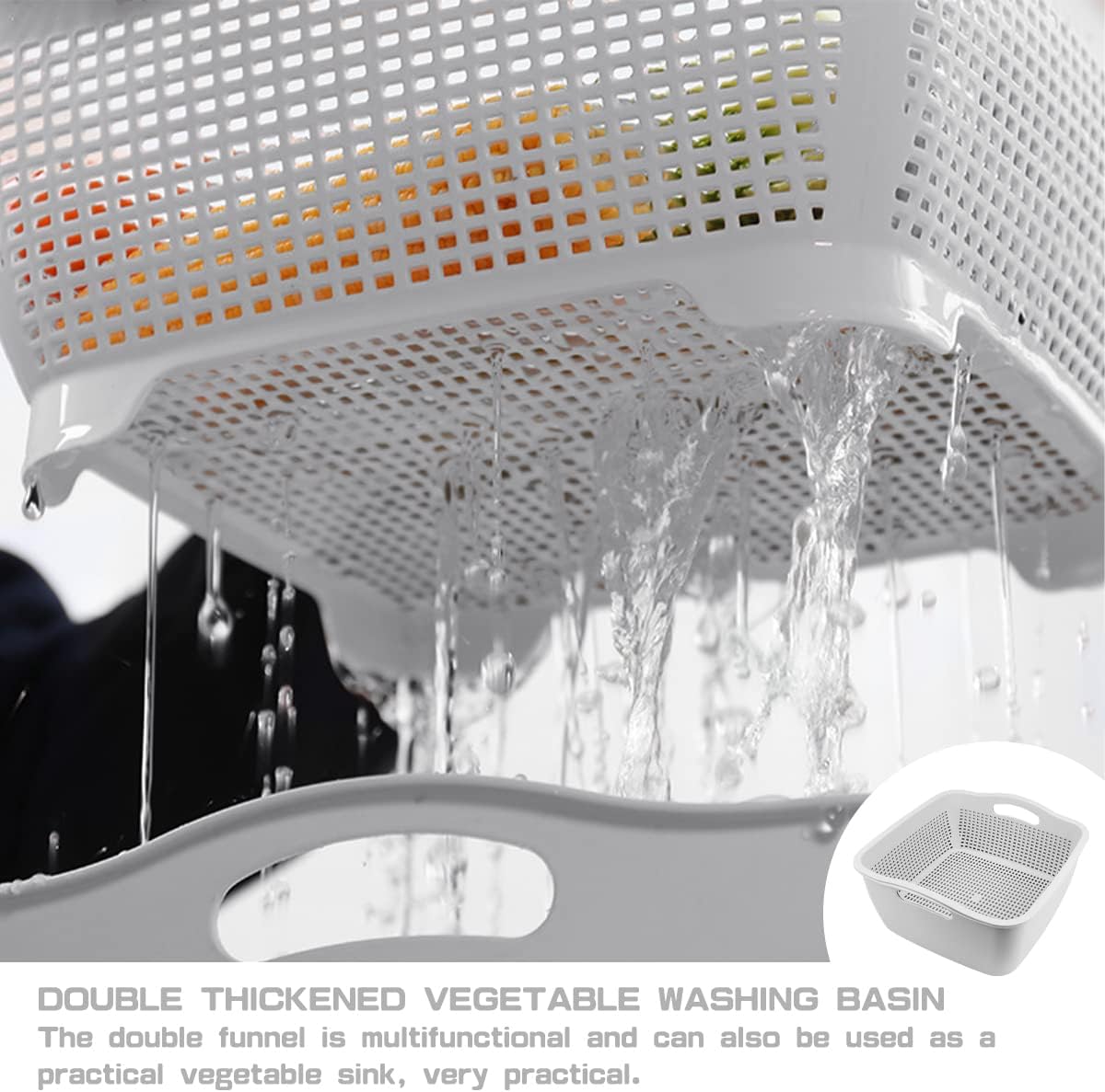 Double-layer Draining Basket Plastic Fruits & Vegetable Washing Basket for Kitchen (Blue)