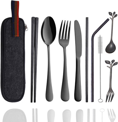 Travel Utensils Set with Case Reusable Stainless Steel Silverware Flatware Set 9 Pcs Portable Cutlery Eating Utensils Set for Lunch Boxes Workplace Camping School, Dishwasher Safe (Multi)
