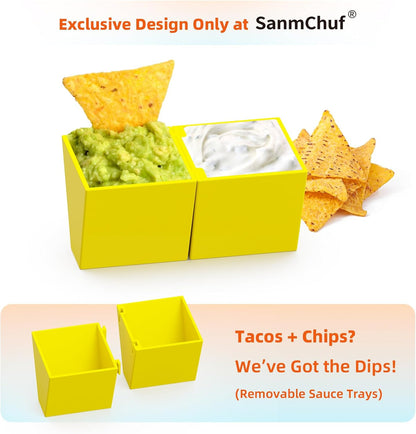 Microwave Safe Taco Holder Set of 12, Colorful Taco Stand with 2 Condiment Dishes,Taco Tray Plates for Taco Bar Gifts & Accessories,Large Plastic Stackble&Convenient Taco Shell Rack,BPA-Free