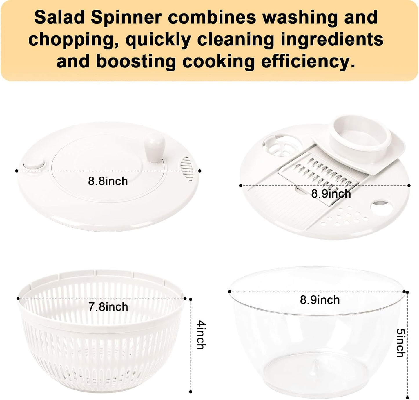 Salad Spinner Large, 5.3 QT 5 IN 1 Lettuce Spinner Dryer with 5 Blades Slicing and Pureeing Vegetables Wash Bowl Kitchen Gadgets for Efficient Salad Preparation Food Washing