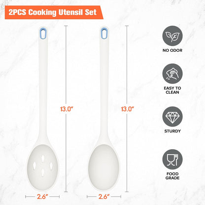 Silicone Cooking Spoon, Solid&Slotted Spoons, 2 Pack (Green)