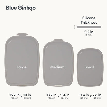 Blue Ginkgo Silicone Cutting Boards – Set of 3 (Small, Medium, Large) – Double-Sided, Thick, Flexible, Non-Slip, BPA Free – Juice Grooves, Dishwasher Safe (Made in Korea, Grey)