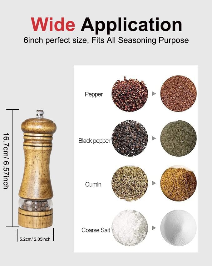 Pepper Grinder Salt Grinder Wooden Pepper Mill Grinder w/Adjustable Coarse, 8 inch Tall Wood Refillable Manual Pepper Grinder Mill Peppermill for Black Peppercorn, Easy Clean w/Cleaning Brush