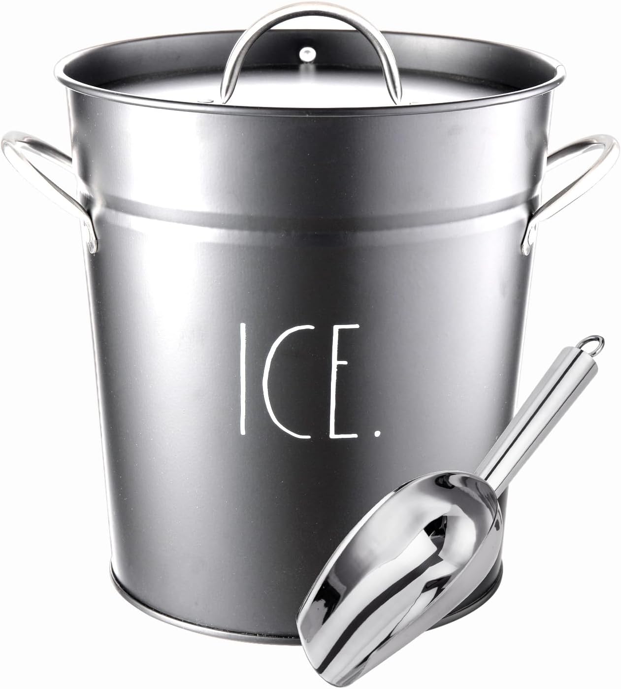 Rae Dunn Ice Bucket with Scoop - Stainless Steel Bucket with Handle, Lid and Ice Scooper - 4 Qt. Storage Bin for Ice Cubes for Bars, Parties, Backyard Barbeques, Picnics, and Camping (Black)