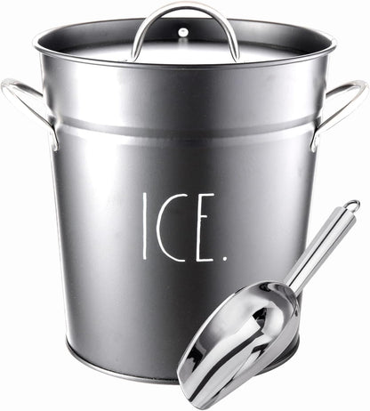 Rae Dunn Ice Bucket with Scoop - Stainless Steel Bucket with Handle, Lid and Ice Scooper - 4 Qt. Storage Bin for Ice Cubes for Bars, Parties, Backyard Barbeques, Picnics, and Camping (Black)