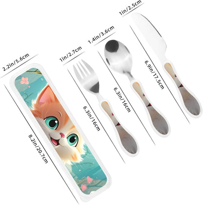 3-Piece Kids Silverware Set With Storage Case, Stainless Steel Reusable Children Safe Knife Spoon Fork Set Blue Lotus Floral Children Flatware Set For Kids Lunch Box