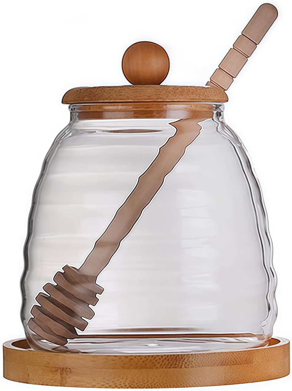 Empty Glass Honey Dispenser with Bamboo Lid & Dipper 16.7oz (500ml) Honey Pot Jam Jar Syrup Container for Kitchen Coffee Tea Home Café