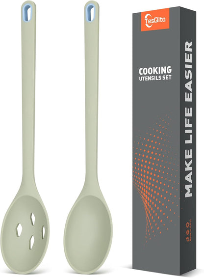 Silicone Cooking Spoon, Solid&Slotted Spoons, 2 Pack (Green)