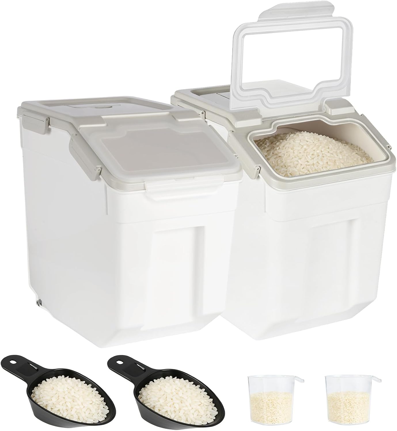 2 Pack Rice Container 50 lbs Large Bulk Flour Sugar Storage Holdhouse Plastic Grain Cereal Dry Goods Bin with Spoon and Measuring Cup for Kitchen Pantry Organization - Green