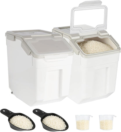 2 Pack Rice Container 50 lbs Large Bulk Flour Sugar Storage Holdhouse Plastic Grain Cereal Dry Goods Bin with Spoon and Measuring Cup for Kitchen Pantry Organization - Green