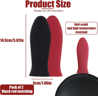 2 Pack Silicone Pan Handle Sleeve, Heat Resistant Cast Iron Skillet Handle Covers for Pots and Pans, Assist Handle Holder Grip for Kitchen Frying Griddles Cookware (Red & Black)