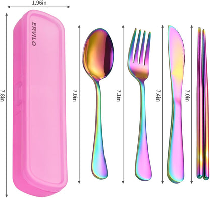Travel Utensils with Case, Stainless Steel Camping Cutlery Set, Reinforced Case with Snap-Lock Closure, Include Fork Spoon Knife Chopsticks, Portable Lunch Box Silverware for Picnic Office, Black