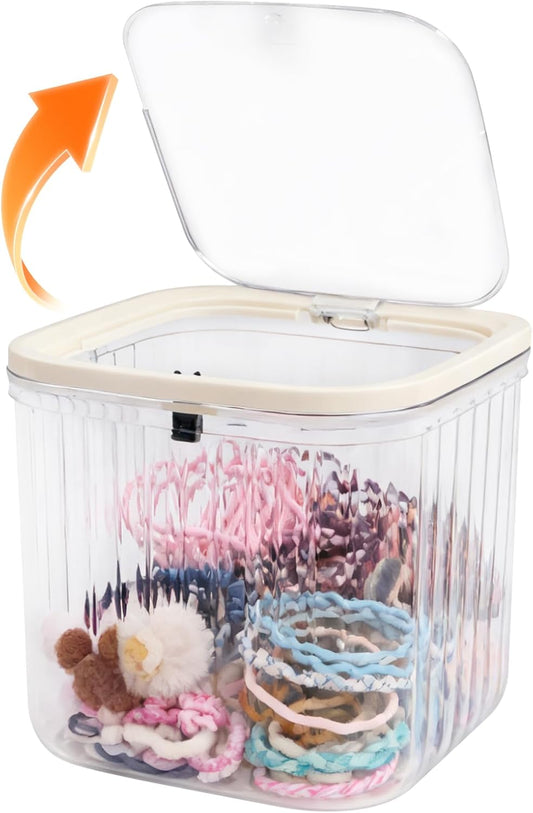 THMINS Hair Accessories Organizer for Girls,Small Plastic Storage Box with Lid for Kids Hair Clips,Ties,Bows&Jewelry,Stackable Dust-Proof Flip Top Container,Desktop Organizer(Clear)
