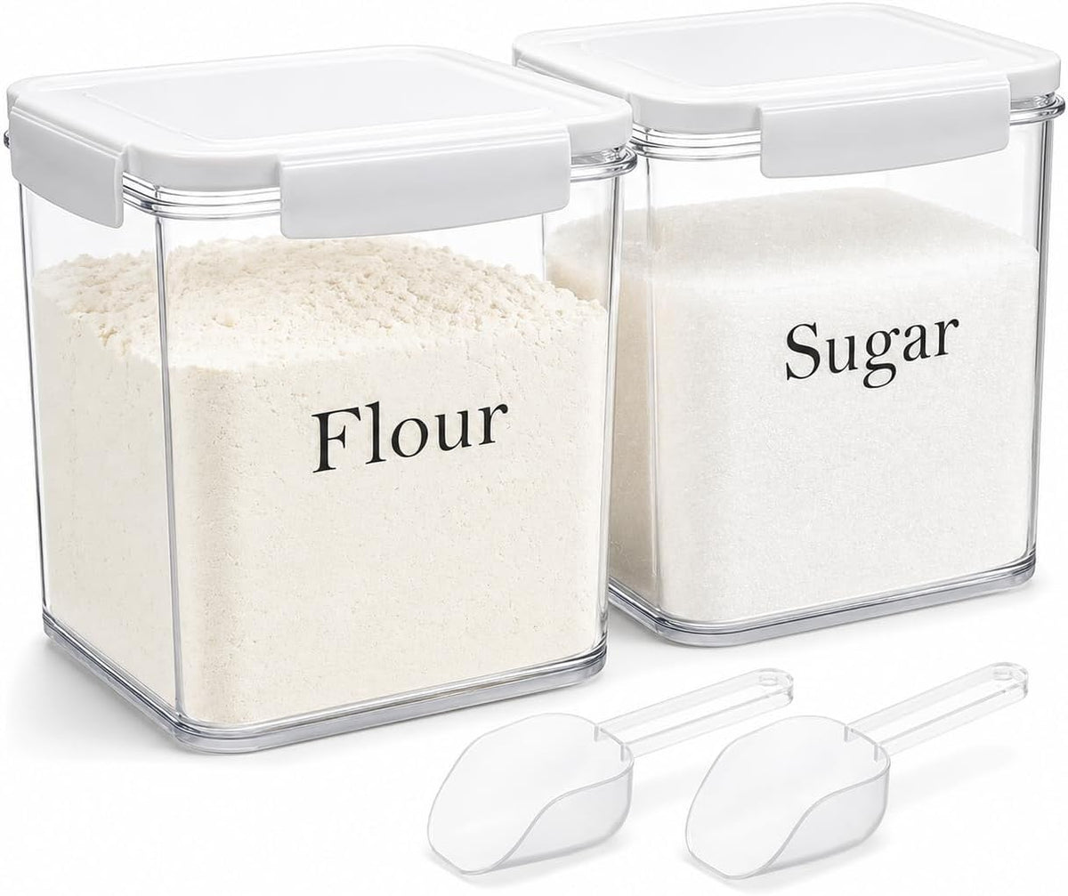 Set of 2 Large Food Storage Jars 4L - Airtight Containers with Lids, White with Free Spoon - Kitchen Canisters for Sugar,Flour,Coffee,Pantry Organization-S