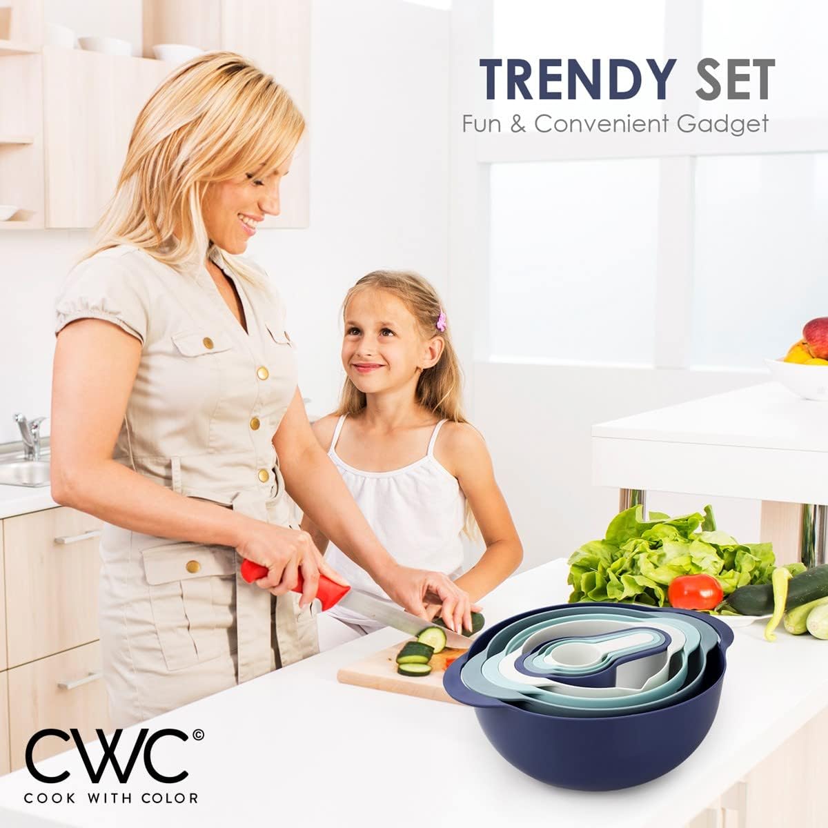 COOK WITH COLOR Nesting Bowls with Measuring Cups Colander and Sifter Set - Includes Mixing Bowls, Colander, Sifter and Measuring Cups, Navy, 8 Pc Bowl