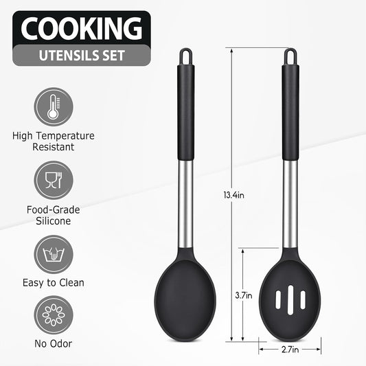 Pack of 2 Large Silicone Cooking Spoons, BPA Free Kitchen Scoops (Black)