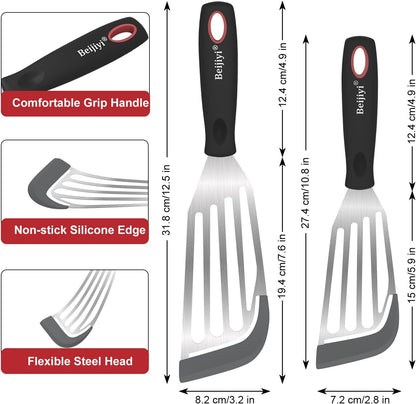 Beijiyi 2-Piece Silicone Fish Spatula for Nonstick Cookware, Heat Resistant | BPA Free, Flexible & Thin Edge, Scratch-Free, Slotted Turner, Kitchen Use, Cooking Flipper for Egg, Pancake, Dishwasher Safe