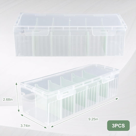 3Pcs Plastic Storage Bins, Clear Plastic Organizer Box with Dividers, with 5 Dividers, Dust-Proof And Moisture-Proof, Easy to Take, for Storing Cards, Jewelry, Crafts(9.45 × 3.94 × 2.76 Inches)