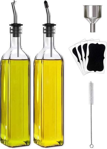 Leaflai Olive Oil Dispenser Bottle, Glass Olive Oil Dispenser and Vinegar Dispenser Set with Stainless Steel Pourers, 4 Labels,1 Brush and 1 Funnel Oil Bottles for Kitchen (500ml)