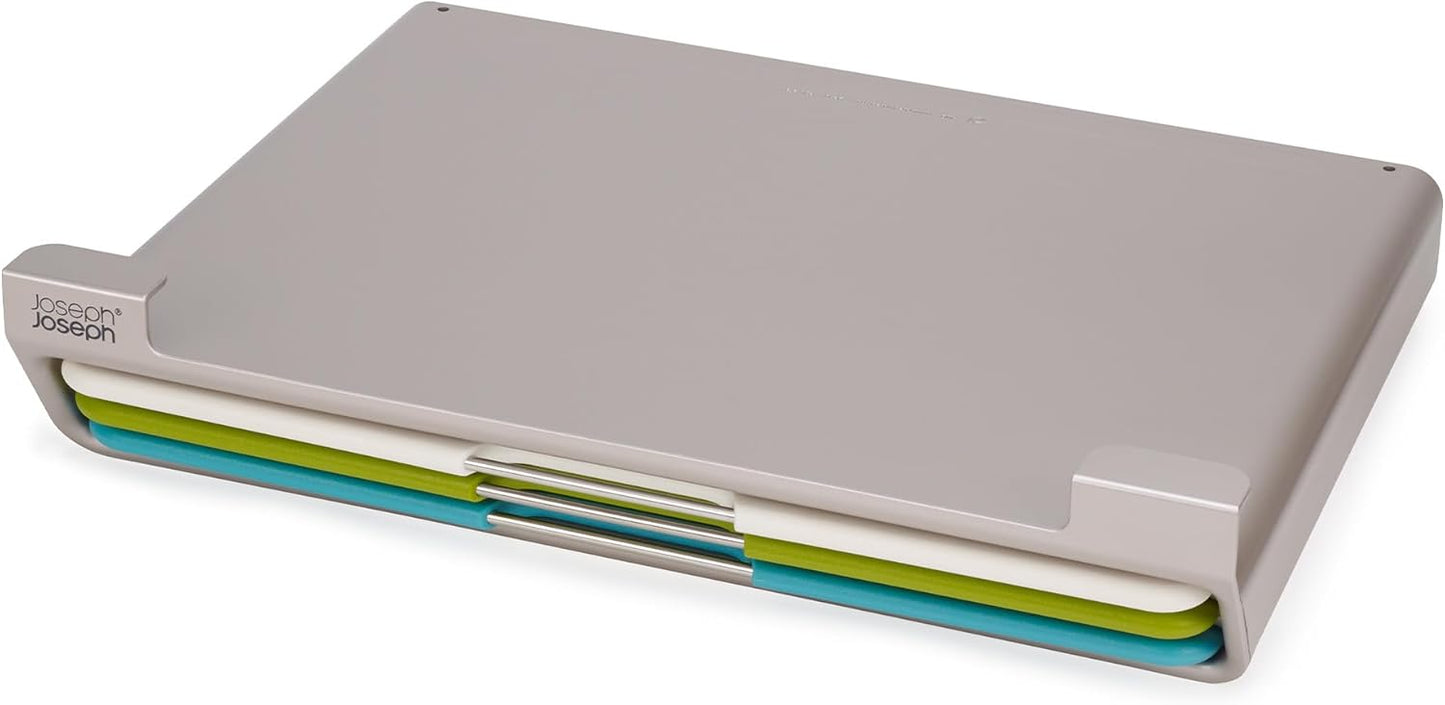 Joseph Joseph Folio Icon 4-Piece Multi Colour coded Cutting Board Set, Stainless Steel Slimline case for organized Kitchen storage, Silver