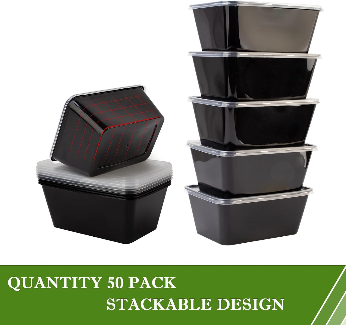 RANLITTLE Meal Prep Containers 50 Pack 38oz Reusable, Leakproof Food Storage Containers with Lids, BPA-Free Plastic To Go Take Out Bento Box Stackable Microwave & Freezer Safe