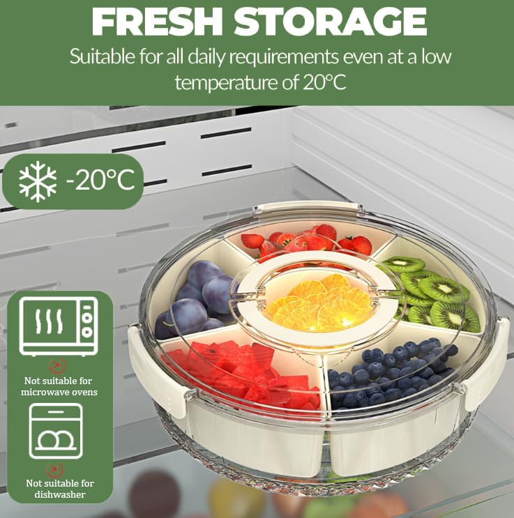 Divided Serving Tray with Lid and Handle, Portable Snackle Box for Veggie, Fruit Snacks Organizer, Clear Snack Spinner Container for Outdoor, Kitchen, Party, Travel
