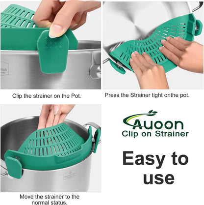 AUOON Clip On Strainer Silicone for All Pots and Pans, Pasta Strainer Clip on Food Strainer for Meat Vegetables Fruit Silicone Kitchen Colander