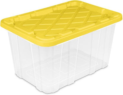 Sterilite 4-Pack 27 Gallon Industrial Storage Tote, Heavy-Duty Plastic Bins, Black/Yellow - Stackable Utility Organizers with Lids for Garage, Camping Tools, and Outdoor Gear