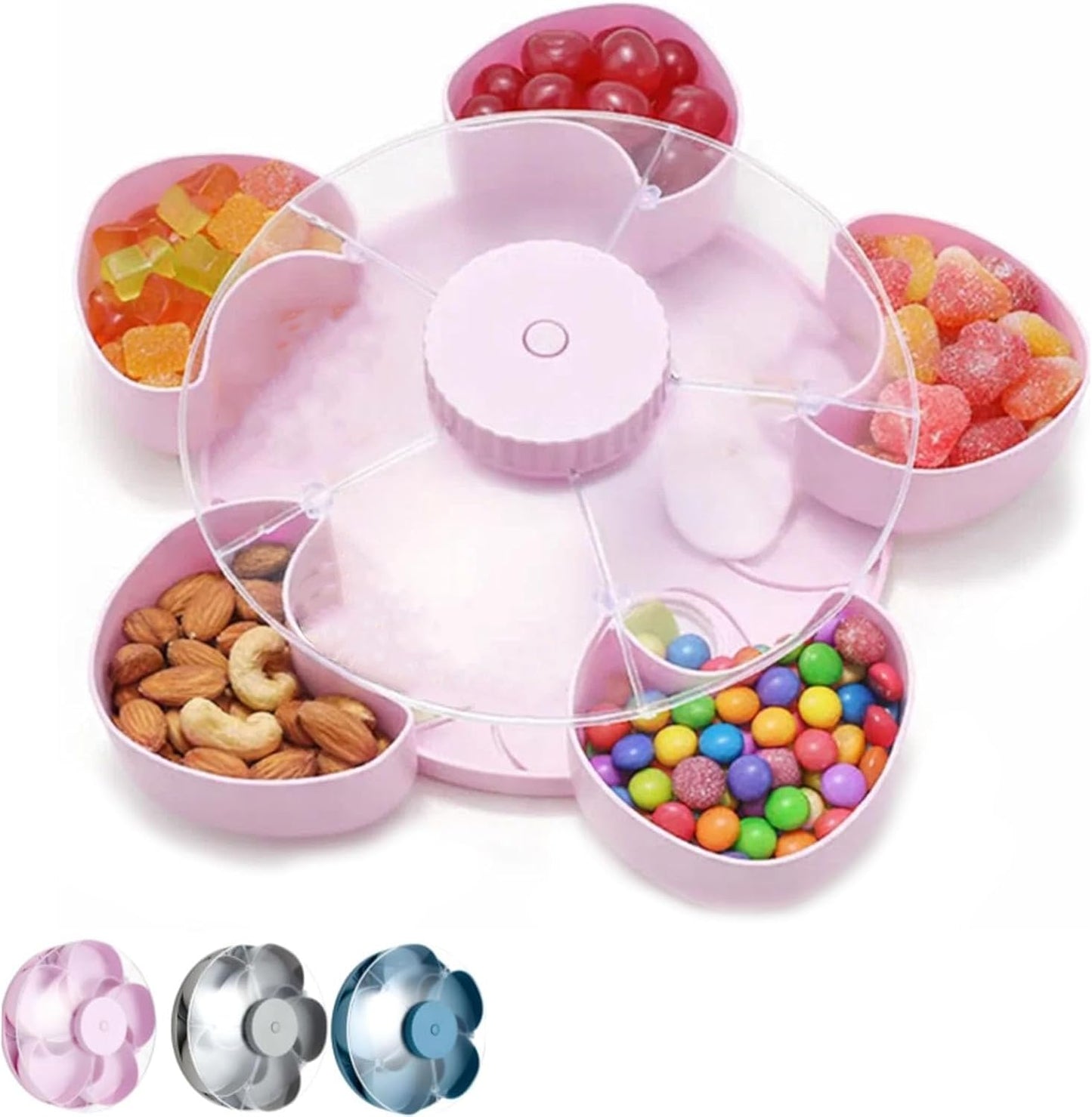 Divided Serving Tray that Spins – Multi-Compartment Rotating Snack Tray with Lid, Lazy Susan Organizer for Snacks, Dips, Fruit, Nuts, and Appetizers – Perfect for Kitchen, Travel & Picnics (Pink)
