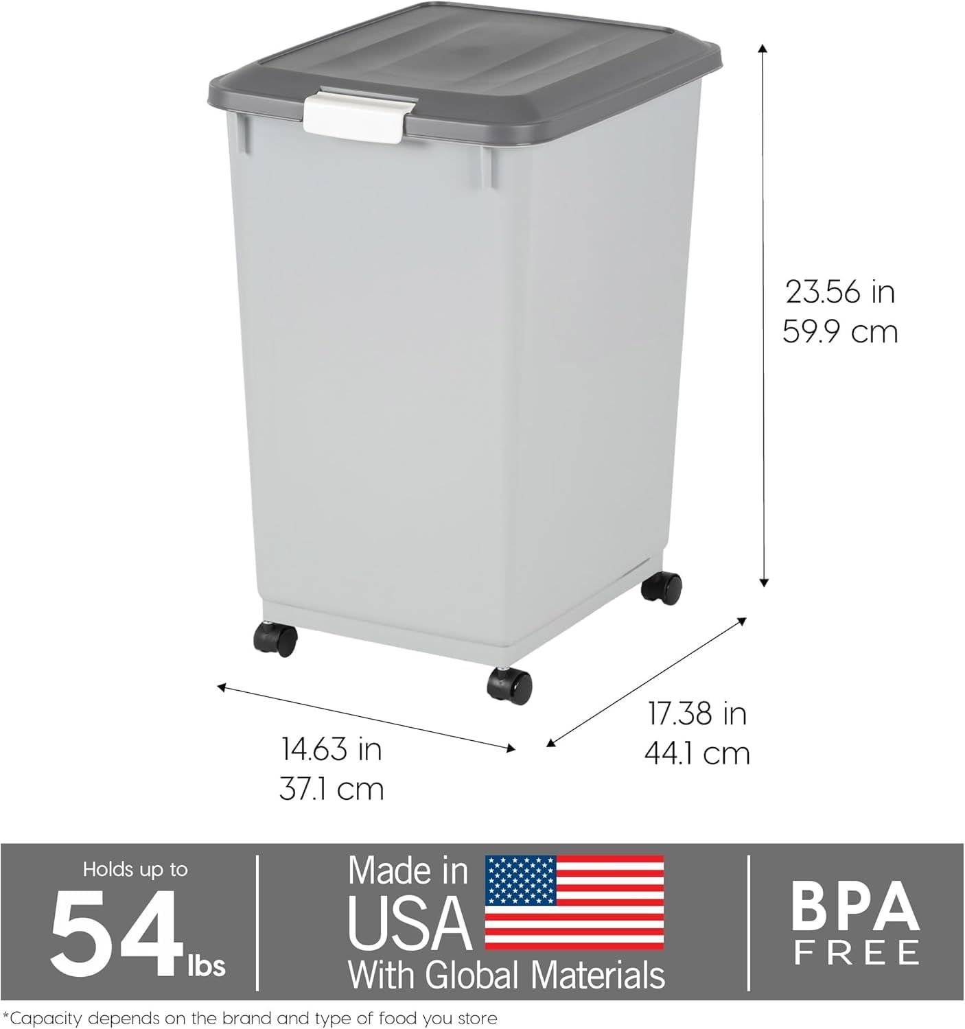 IRIS USA Dog Food Storage Container with Wheels, Airtight Lid, 2-Cup Scoop, Up to 30 Pounds Pet Food Storage, Built in Scoop Storage in Lid, Versatile Pet Food Bin, Portable, BPA Free, Gray/Dark Gray