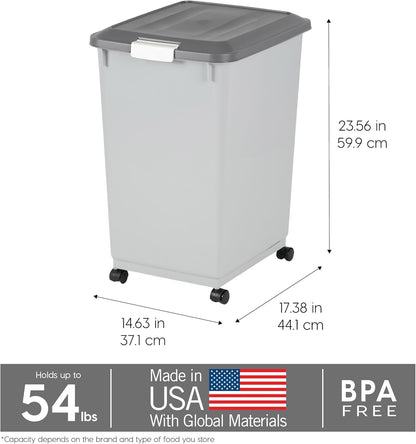 IRIS USA Dog Food Storage Container with Wheels, Airtight Lid, 2-Cup Scoop, Up to 30 Pounds Pet Food Storage, Built in Scoop Storage in Lid, Versatile Pet Food Bin, Portable, BPA Free, Gray/Dark Gray