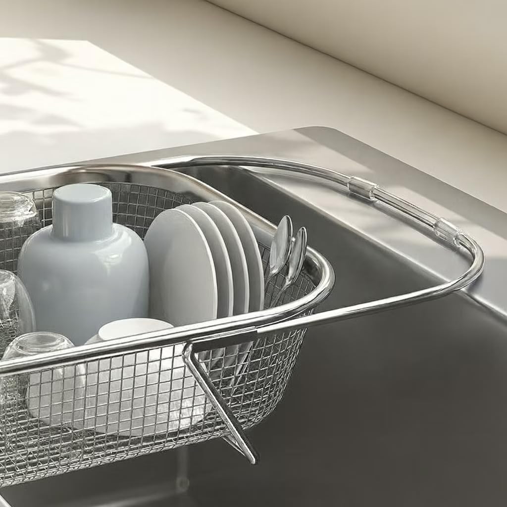 Large Adjustable Over-the-Sink Expandable Dish Drying Rack with Stainless Steel Drain Basket, Telescopic Space-Saving Kitchen Organizer for Fruits & Vegetables