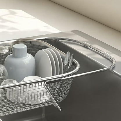 Large Adjustable Over-the-Sink Expandable Dish Drying Rack with Stainless Steel Drain Basket, Telescopic Space-Saving Kitchen Organizer for Fruits & Vegetables