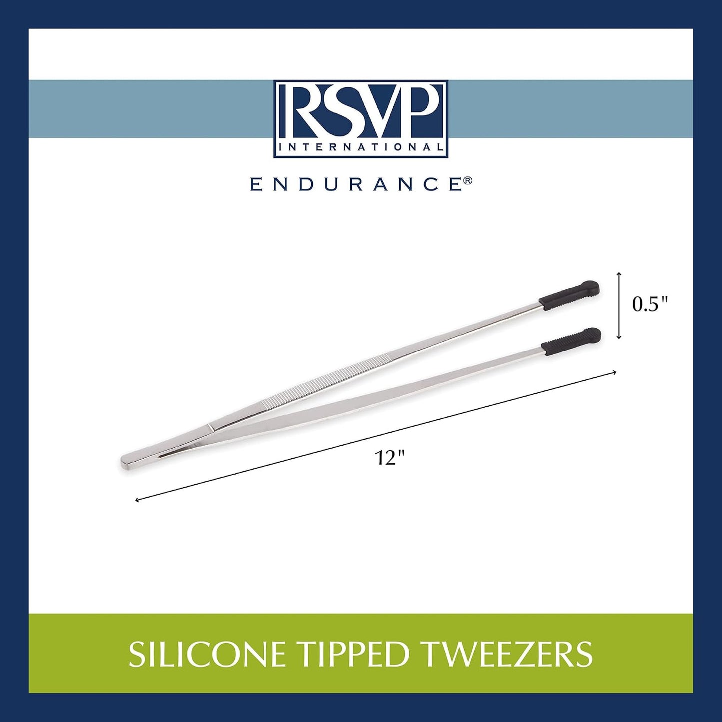 RSVP International Endurance Silicone Tipped Kitchen Tweezers Food Safe, Durable Stainless Steel, Heat Safe up to 475 Degrees F, 12" Length