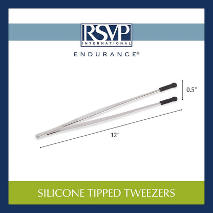 RSVP International Endurance Silicone Tipped Kitchen Tweezers Food Safe, Durable Stainless Steel, Heat Safe up to 475 Degrees F, 12" Length