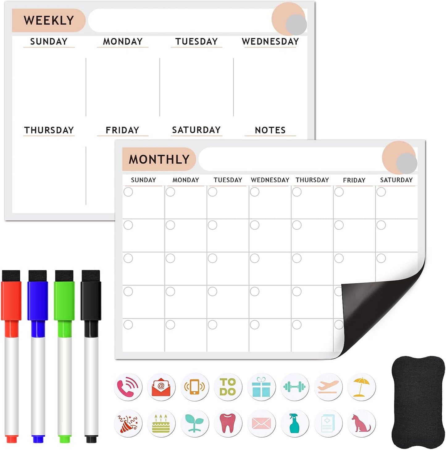 ARVOK 2 Pack A3 Magnetic Calendar for Refrigerator - 16.5"x11.6" Reusable Weekly & Monthly Planner Dry Erase Fridge Calendar Whiteboard with 4 Markers, 16 Magnets & Eraser for Family Schedule, Meal Menu, To-Do List