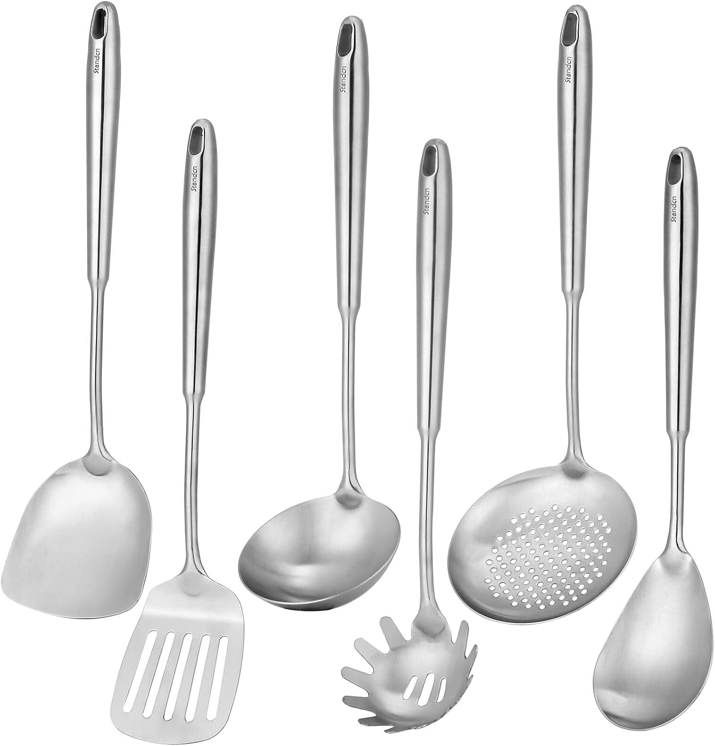 18/10 Stainless Steel Kitchen Utensils Set - 12 PCS All Metal Cooking Tools & 15″ Serving Utensils - Potato Masher, Meat Fork, Tongs, Turner, Pasta, Serving Spoon, Skimmer, Ladle, Spatula Spoon Set