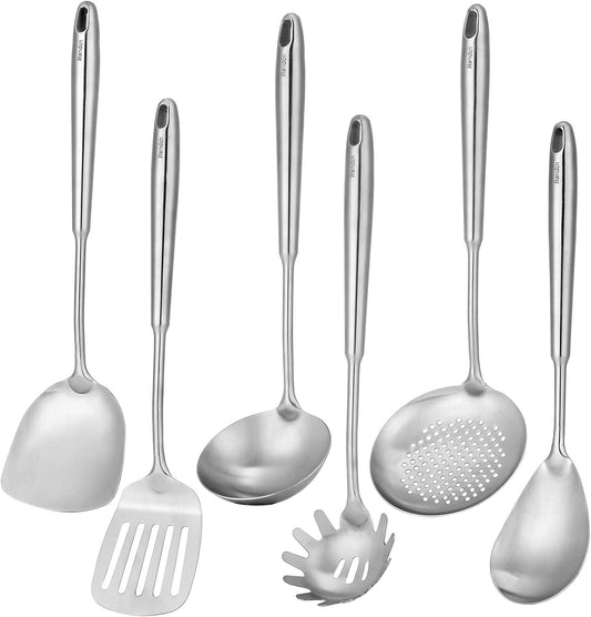 18/10 Stainless Steel Kitchen Utensils Set - 12 PCS All Metal Cooking Tools & 15″ Serving Utensils - Potato Masher, Meat Fork, Tongs, Turner, Pasta, Serving Spoon, Skimmer, Ladle, Spatula Spoon Set