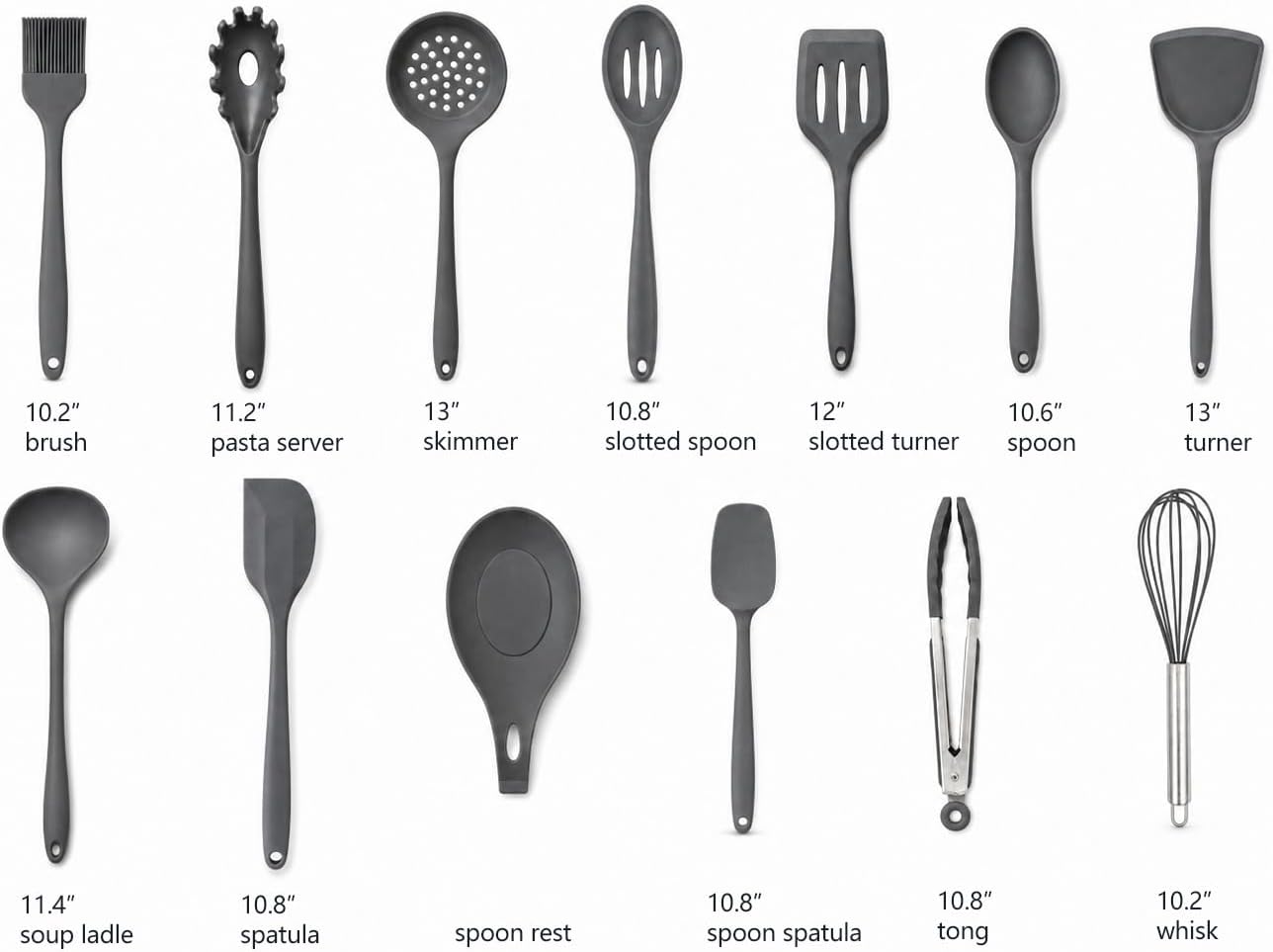 Silicone Cooking Utensil Set with Holder & Spoon Rest, -22°F to 446°F Heat Resistant Kitchen Utensils Set, Nonstick Cookware Safe Spatula Set, Spoon, Ladle, Tongs, Whisk, Pasta Server, Gray
