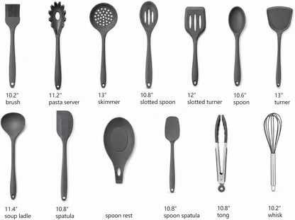 Silicone Cooking Utensil Set with Holder & Spoon Rest, -22°F to 446°F Heat Resistant Kitchen Utensils Set, Nonstick Cookware Safe Spatula Set, Spoon, Ladle, Tongs, Whisk, Pasta Server, Gray