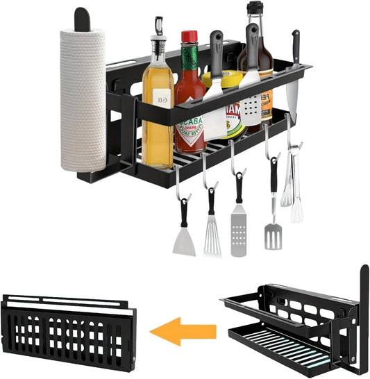 Upgrade Foldable Griddle Caddy for 17''/22''/28"/36" Blackstone BBQ Griddle,Space Saving Grill Tool Holder for Blackstone BBQ Accessories Organizer,with Paper Towel Holder&Knife Rack&Hooks